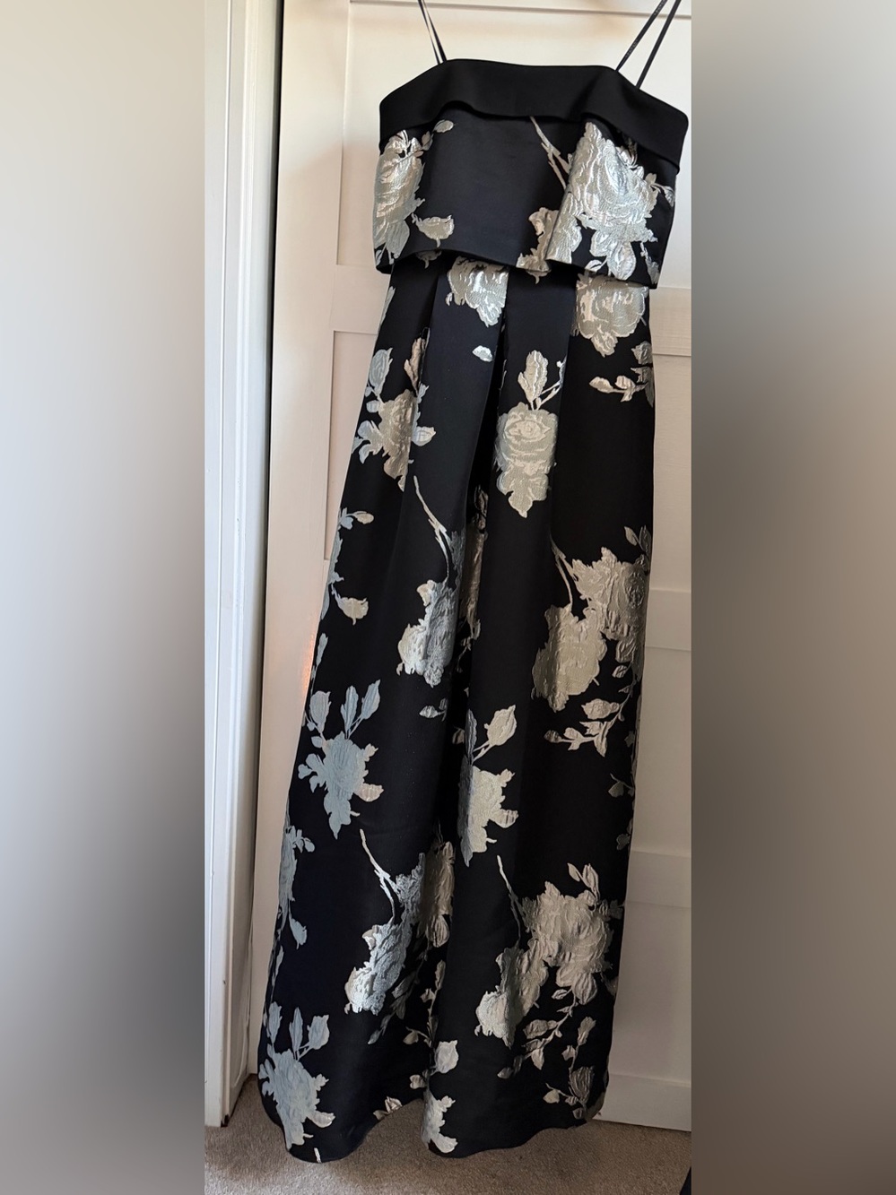 Laundry By Shelli Segal Black A-Line Strapless Dress with Silver Floral Jacquard